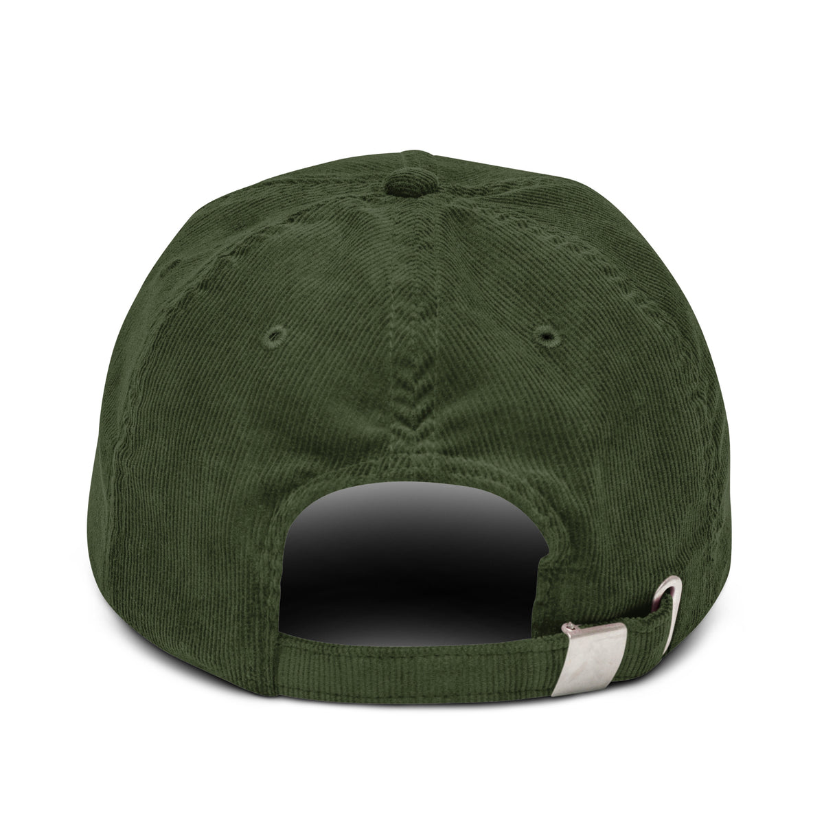 Daily Whatever Show logo corduroy hat in Dark Olive, back view with adjustable buckle