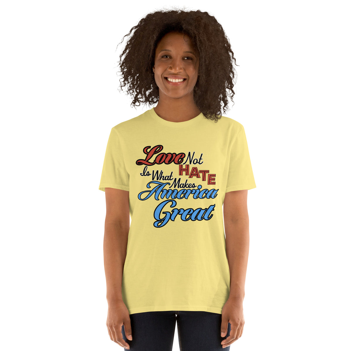 Love Not Hate unisex tee in Cornsilk, front view