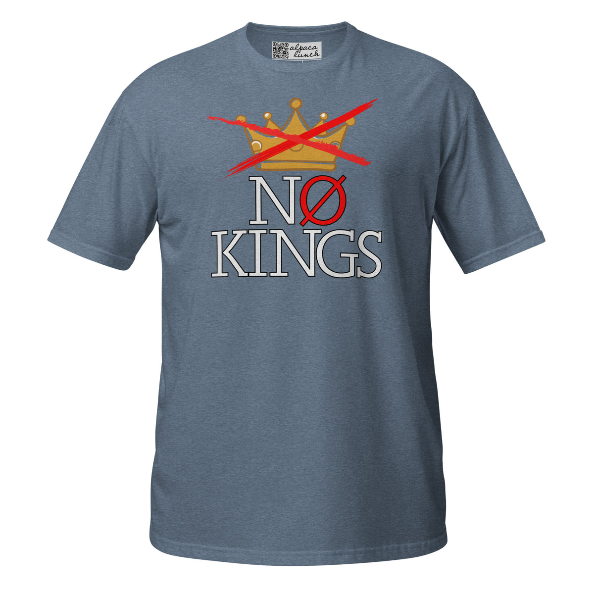 No Kings Crown unisex tee in Heather Indigo, front view