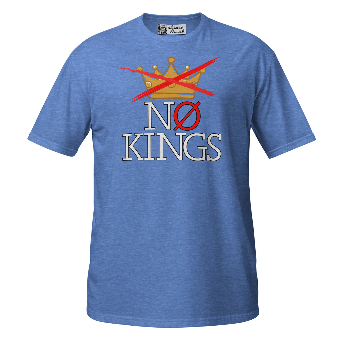 No Kings Crown unisex tee in Heather Royal, front view