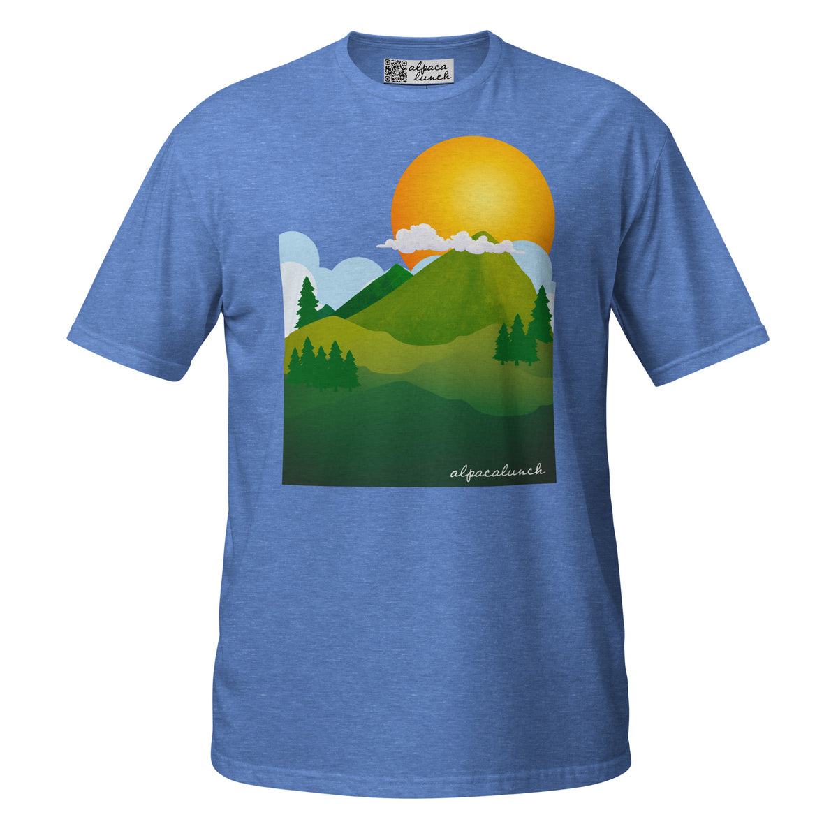 Mountain High unisex tee in Heather Royal, front view