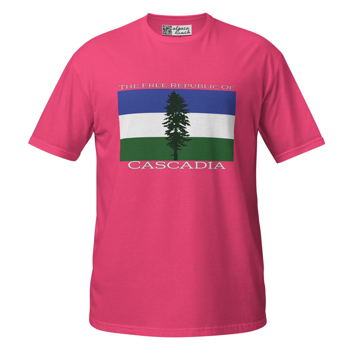 Free Republic of Cascadia unisex tee in Heliconia, front view