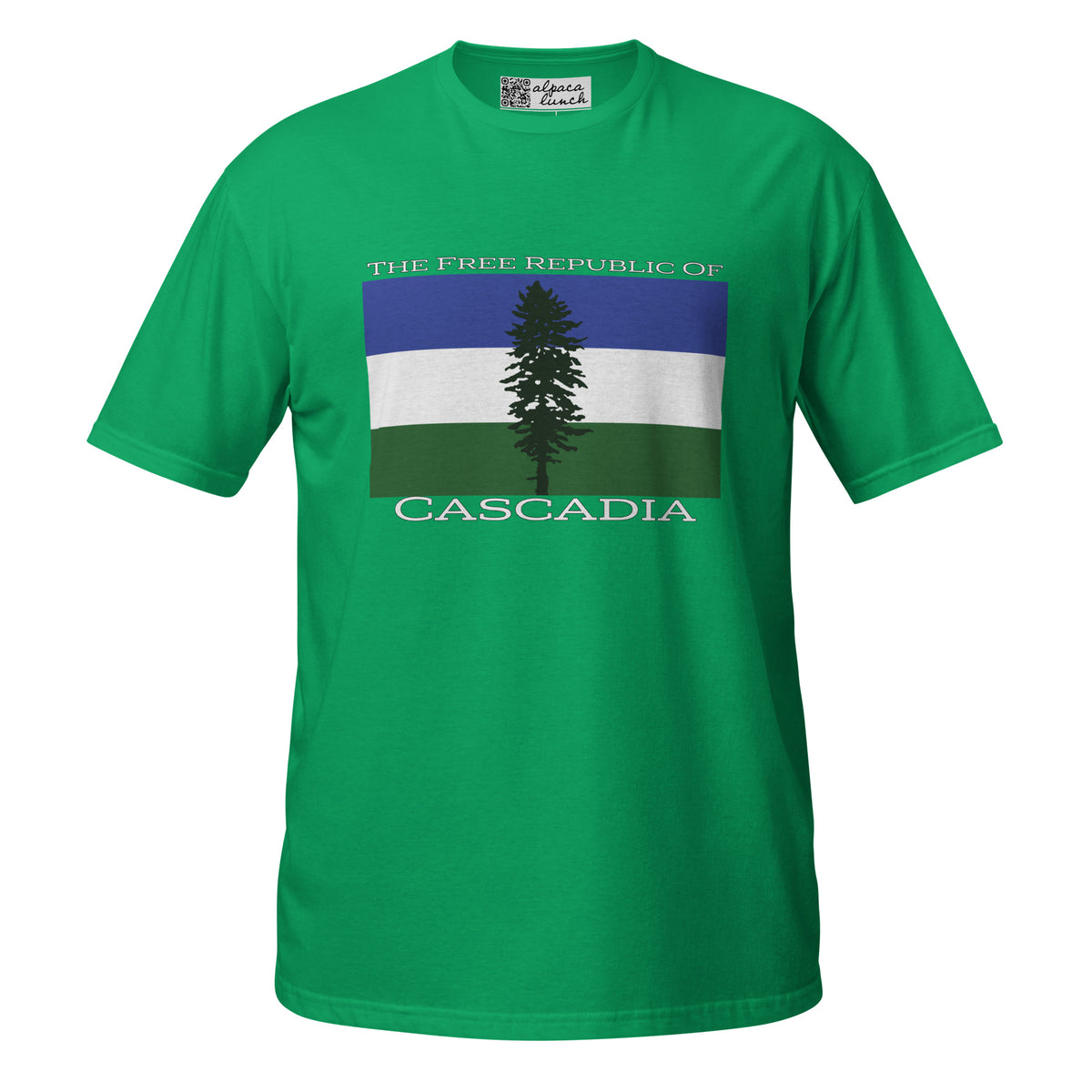 Free Republic of Cascadia unisex tee in Irish Green, front view
