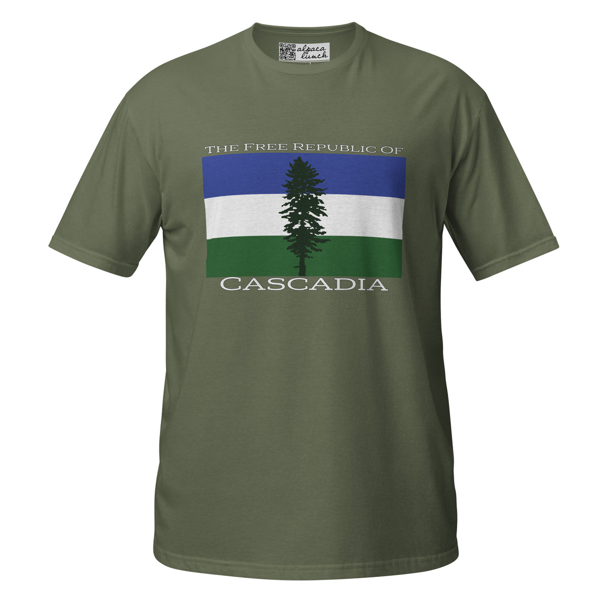 Free Republic of Cascadia unisex tee in Military Green, front view