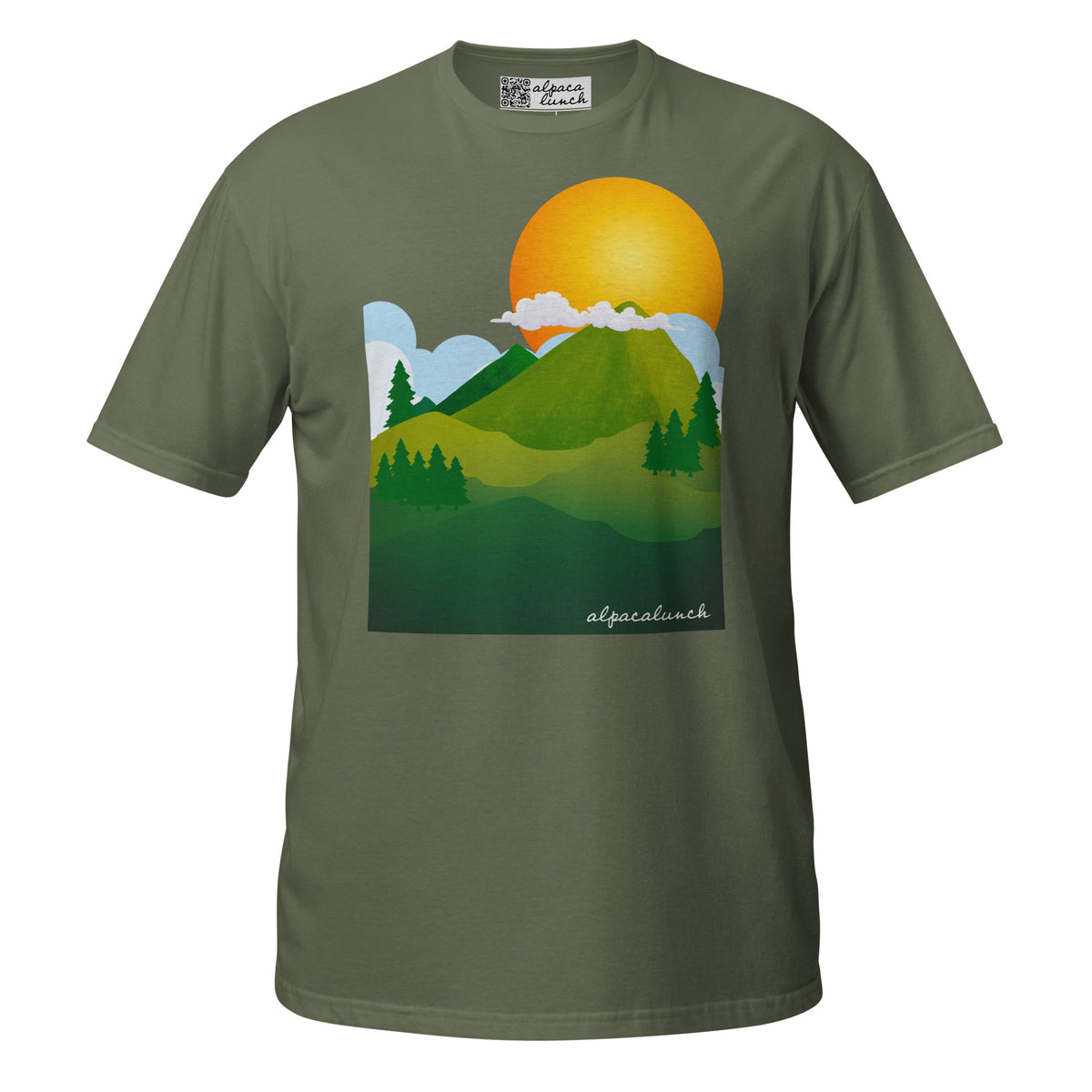 Mountain High unisex tee in Military Green, front view