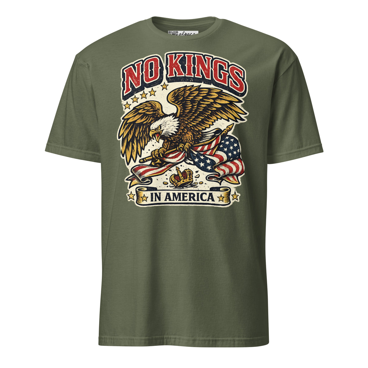 No Kings in America Eagle unisex tee in Military Green, front view