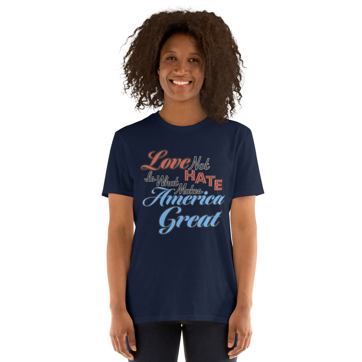 Love Not Hate unisex tee in Navy, front view