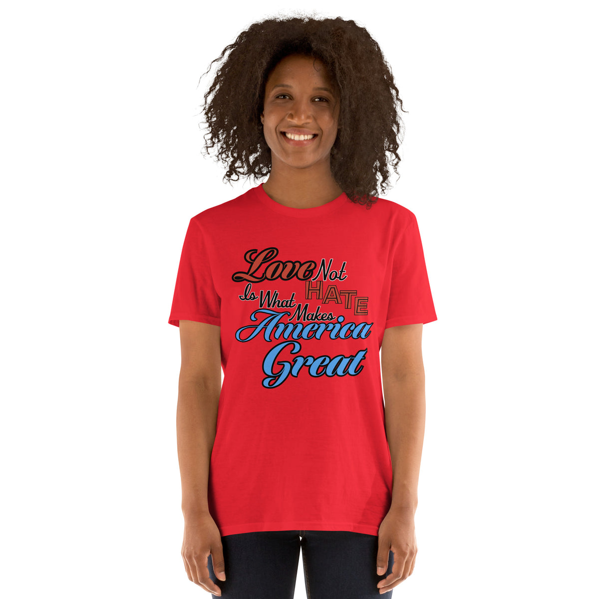 Love Not Hate unisex tee in Red, front view