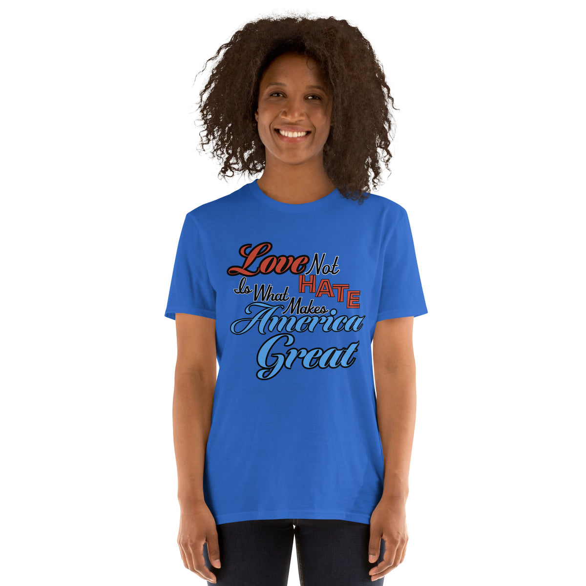 Love Not Hate unisex tee in Royal, front view