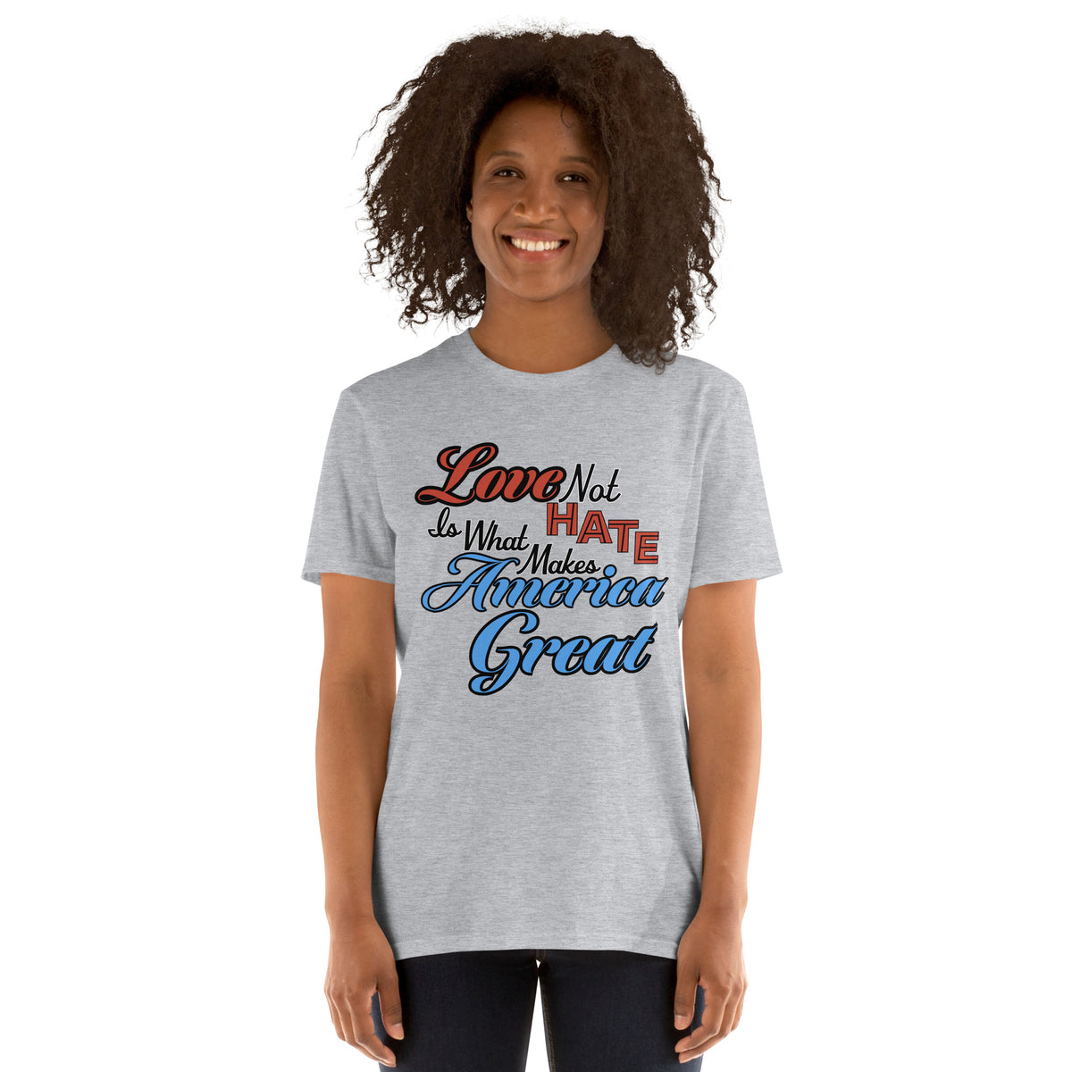 Love Not Hate unisex tee in Sport Grey, front view