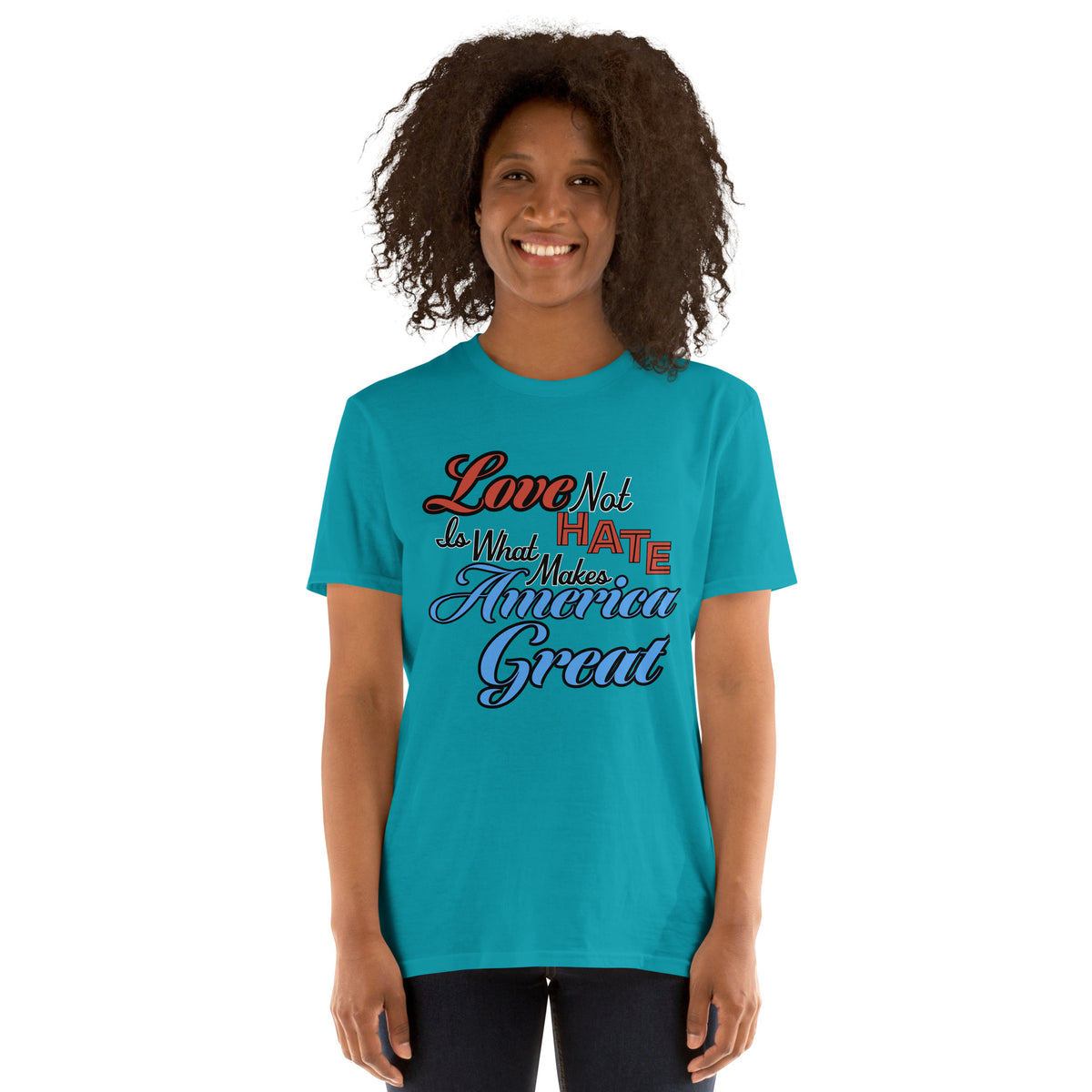 Love Not Hate unisex tee in Tropical Blue, front view