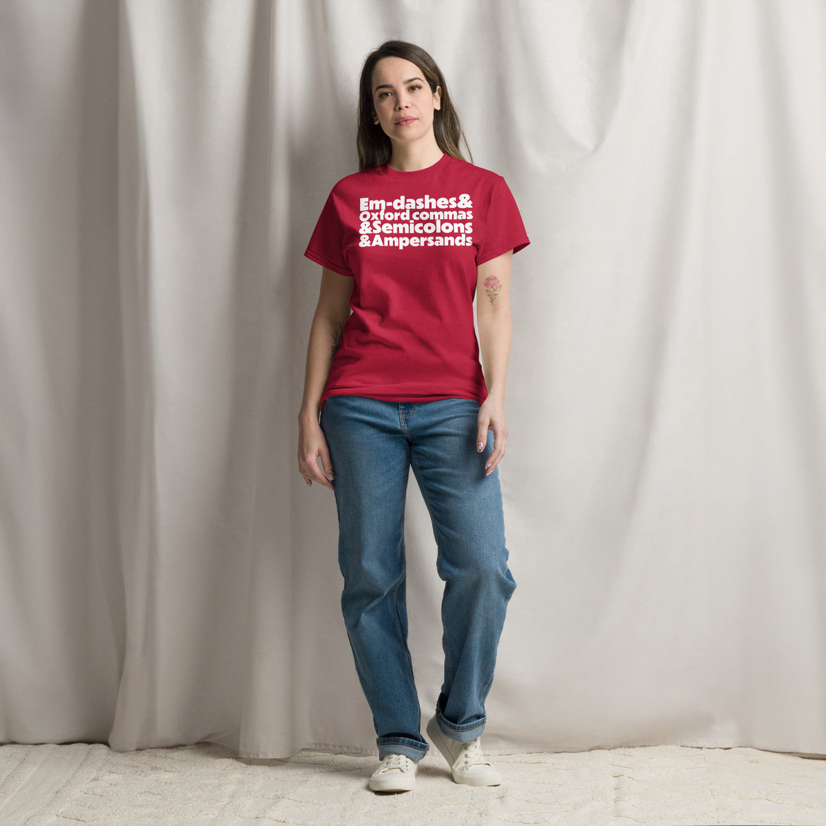 E&O&S&A Dark classic tee in Cardinal, front view