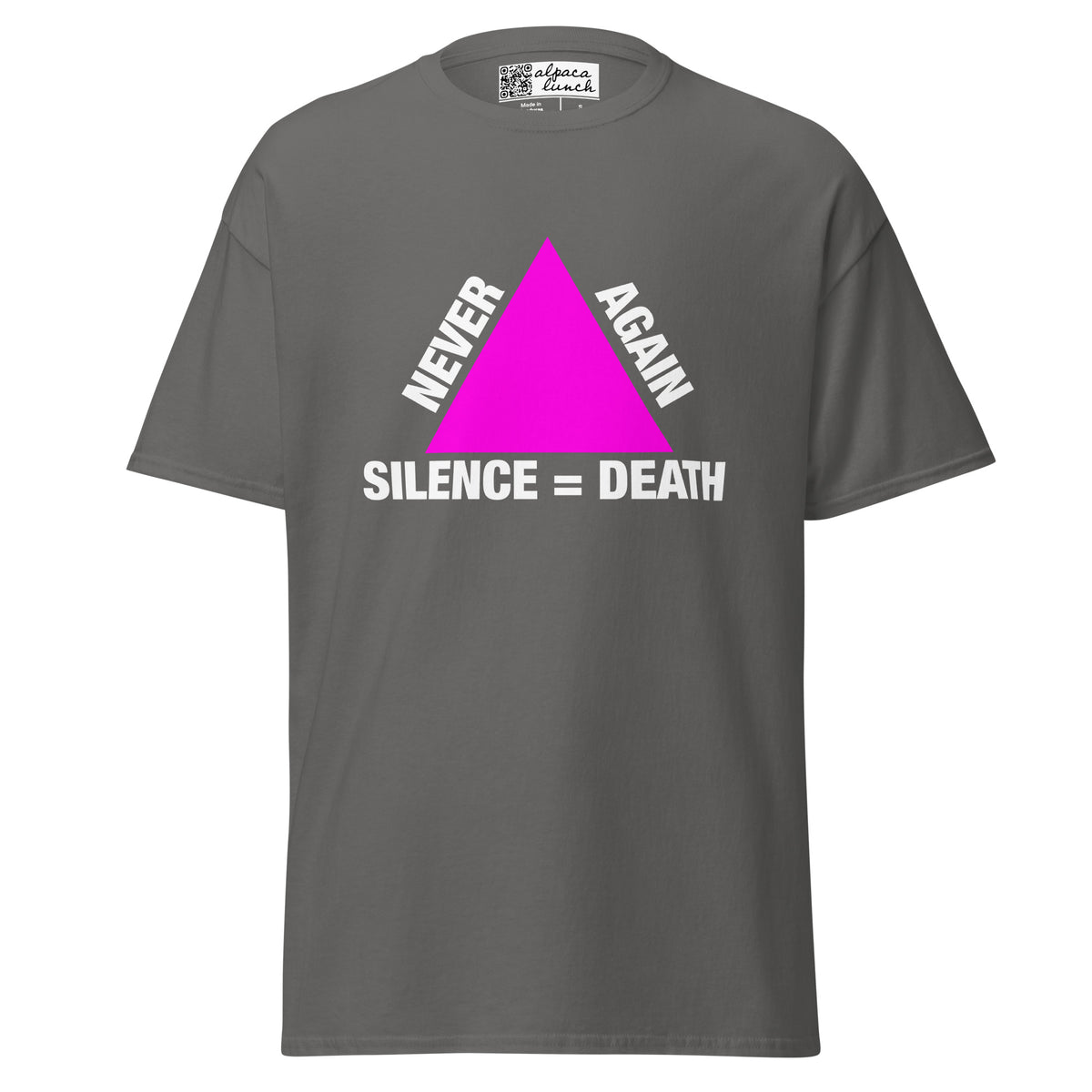Never Again Silence = Death classic tee in Charcoal, front view