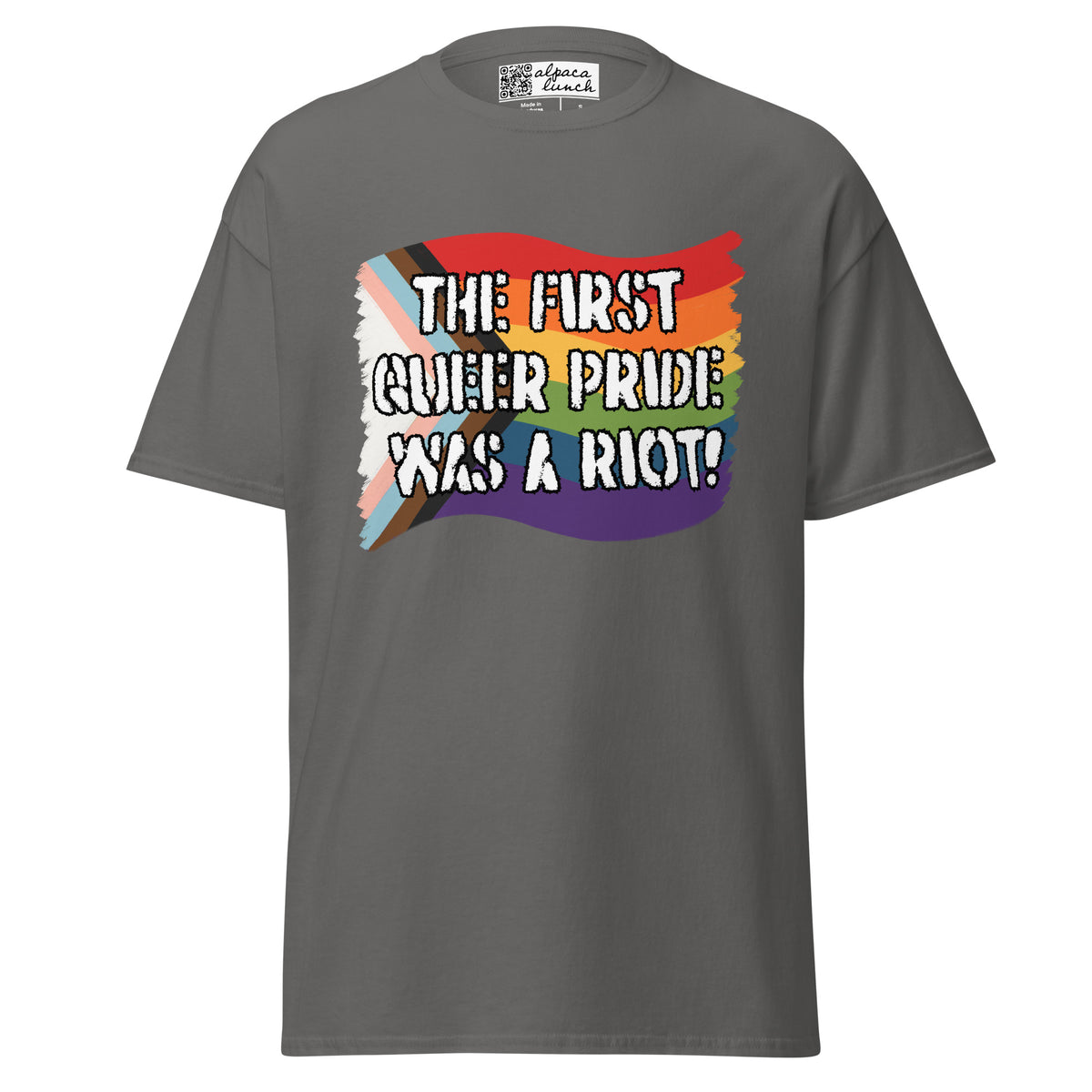 The First Pride Was a Riot classic tee in Charcoal, front view