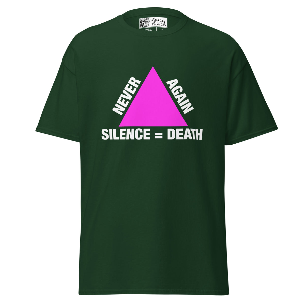 Never Again Silence = Death classic tee in Forest Green, front view