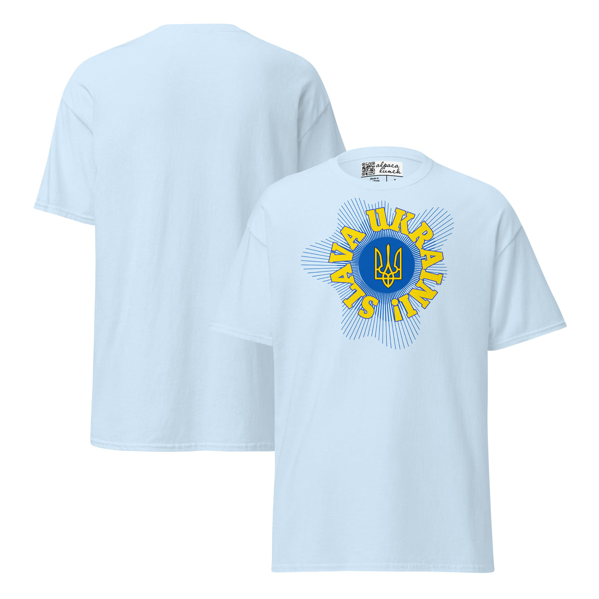 Tryzub classic tee in Light Blue, front and back view