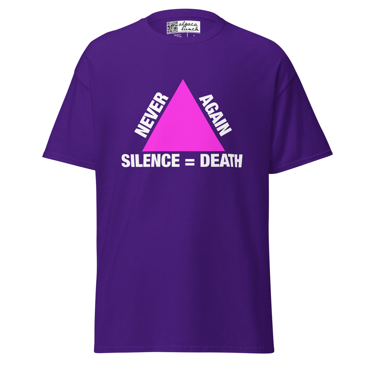 Never Again Silence = Death classic tee in Purple, front view