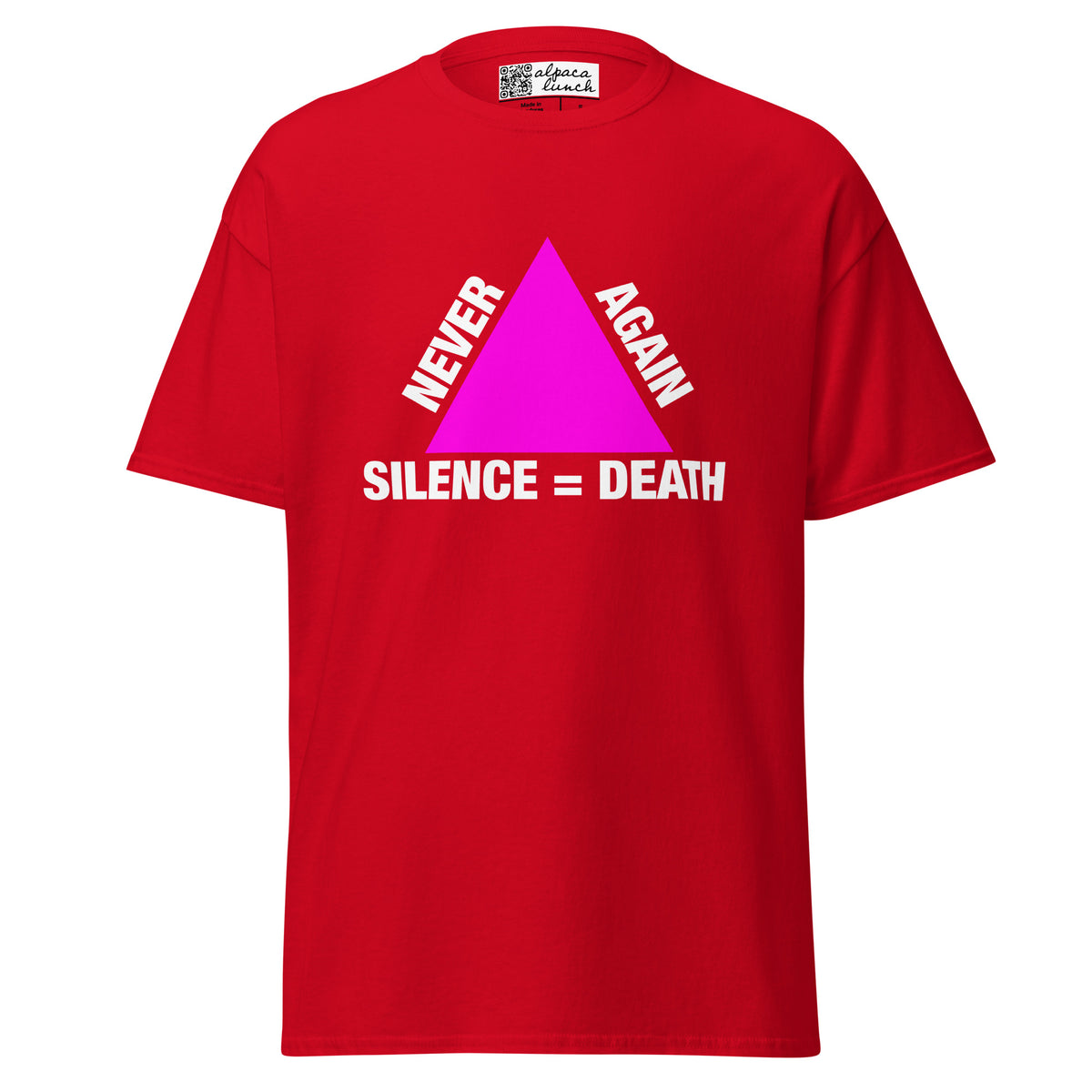 Never Again Silence = Death classic tee in Red, front view