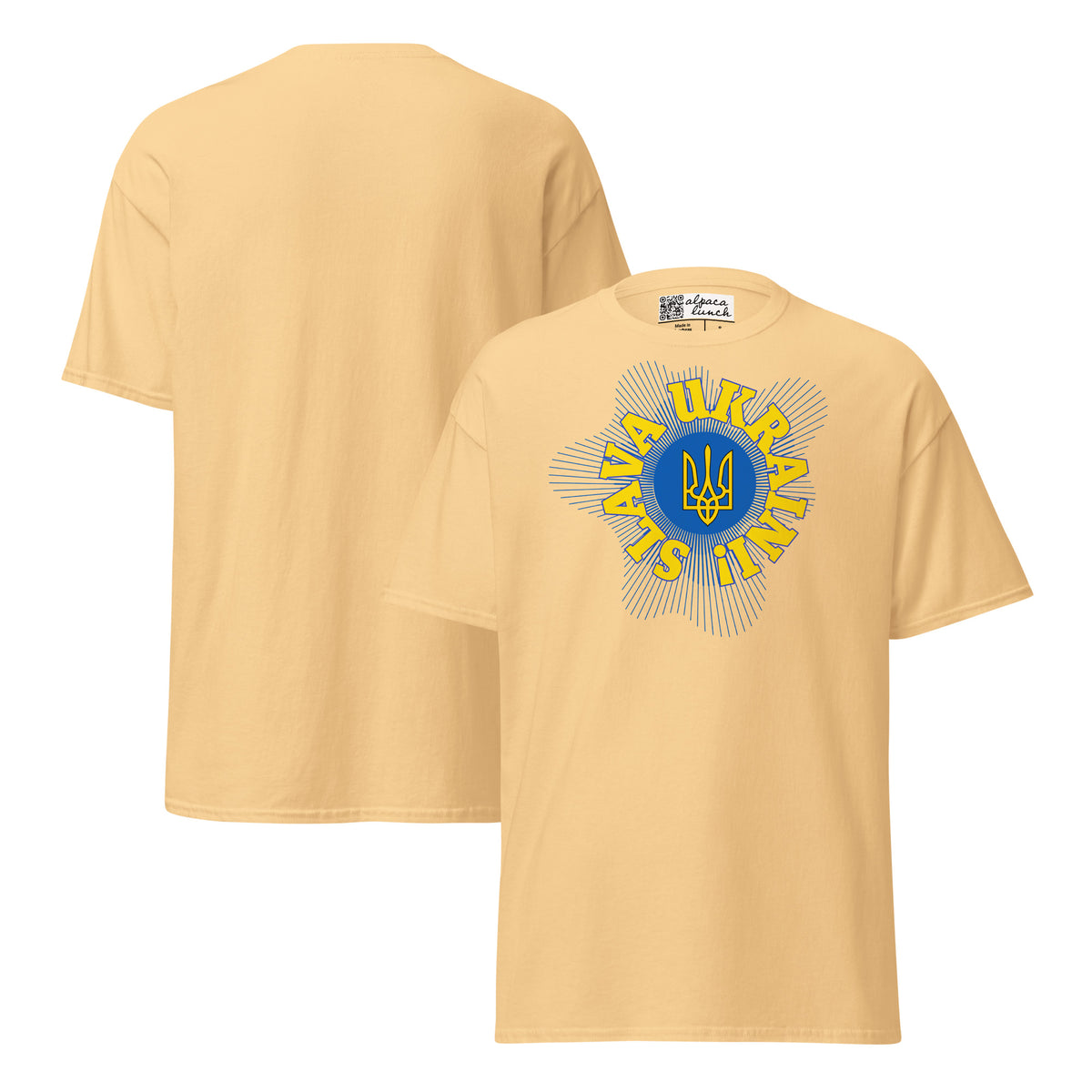 Tryzub classic tee in Yellow Haze, front and back view