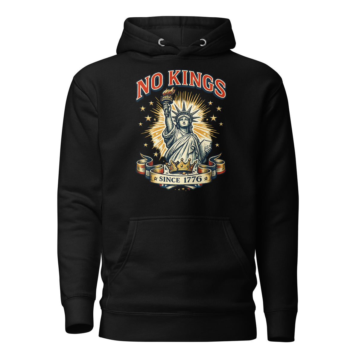 No Kings Since 1776 Lady Liberty hoodie in Black, front view
