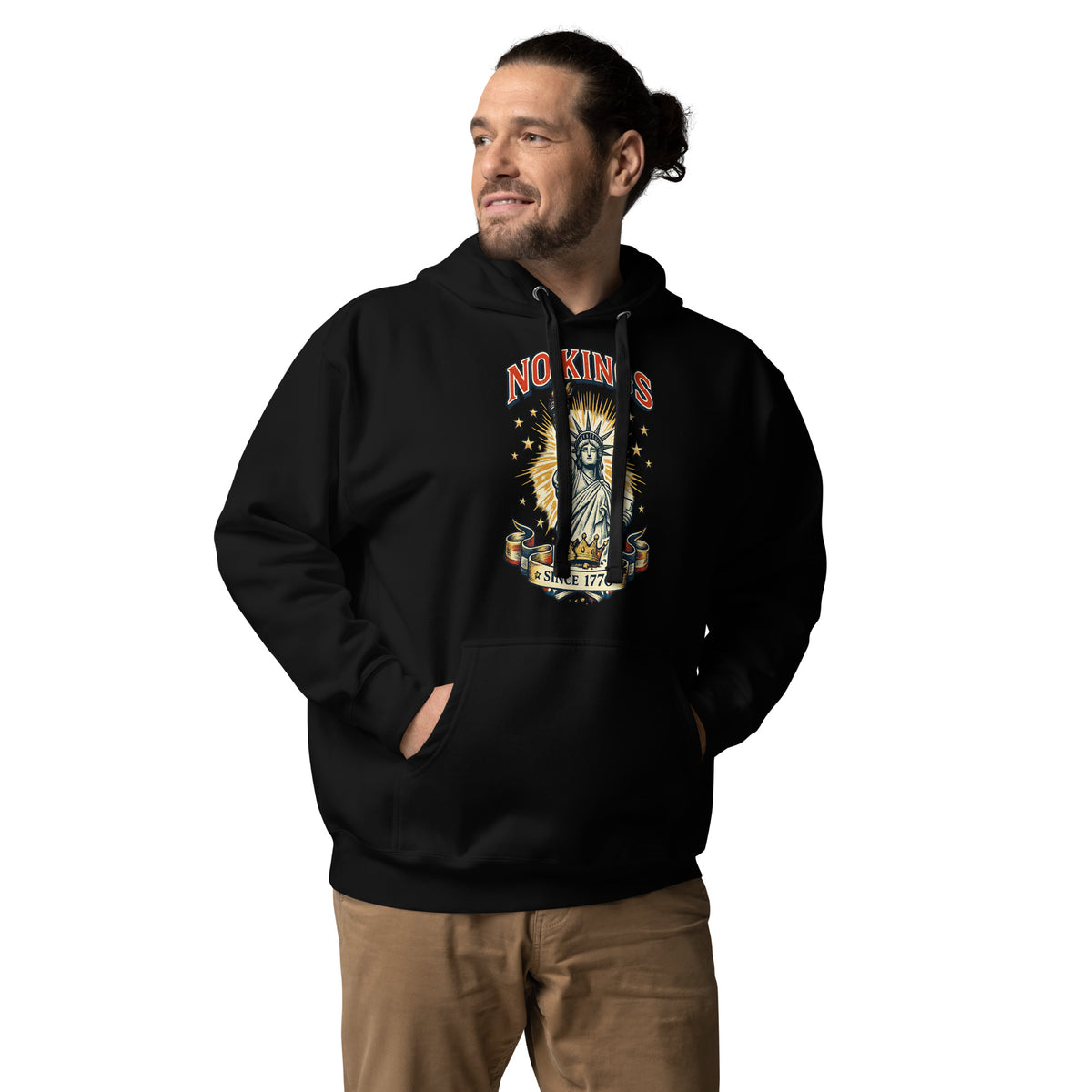 No Kings Since 1776 Lady Liberty hoodie in Black, front view