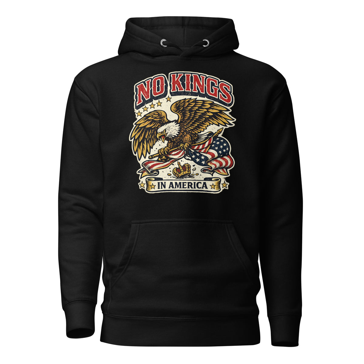 No Kings in America Eagle hoodie in Black, front view