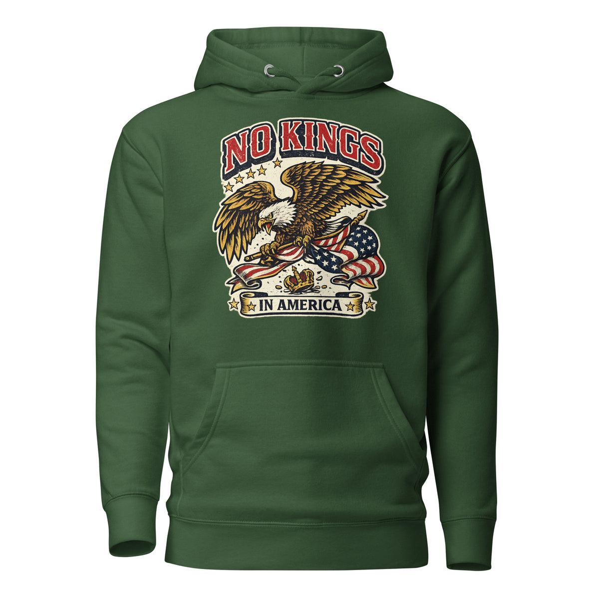 No Kings in America Eagle hoodie in Forest Green, front view