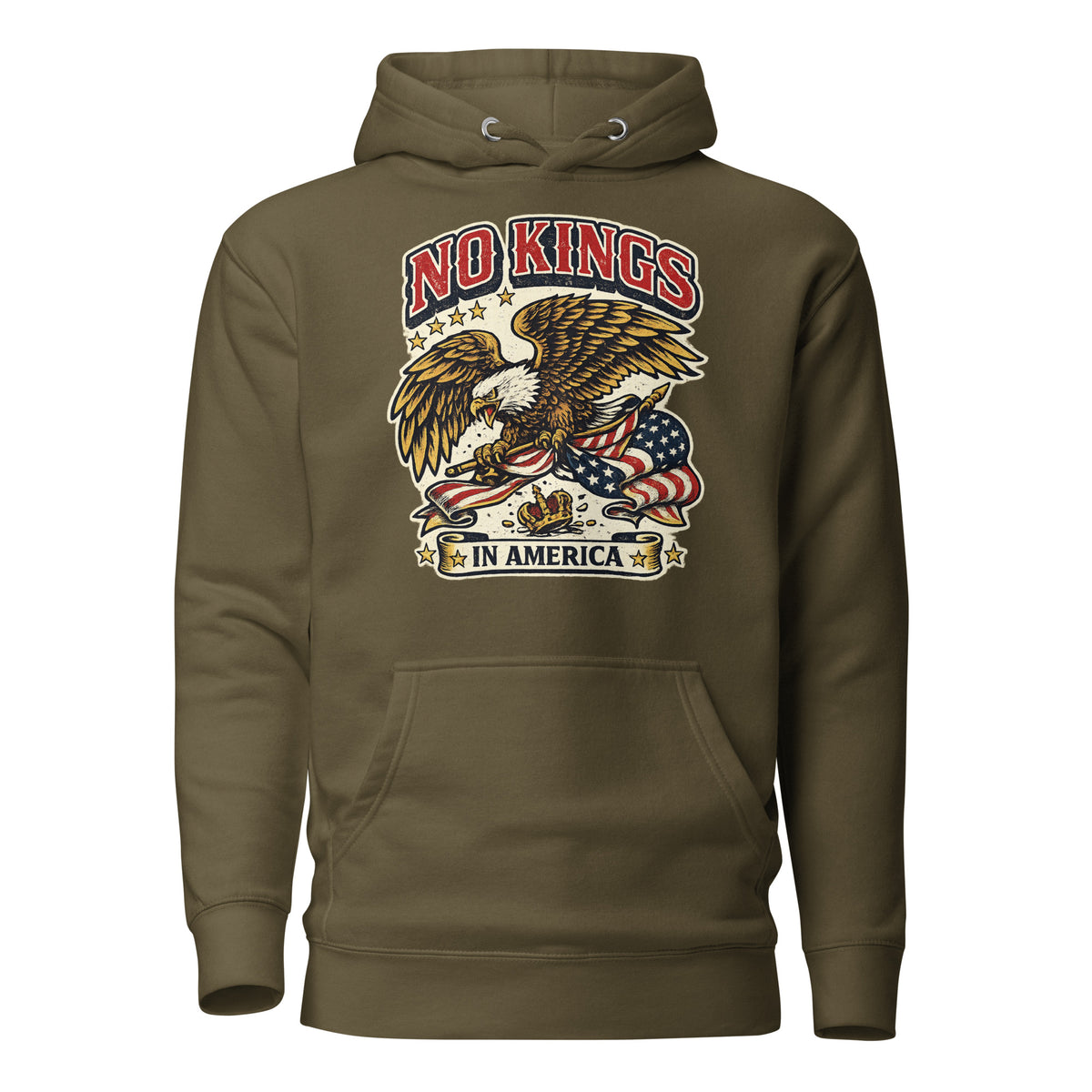 No Kings in America Eagle hoodie in Military Green, front view