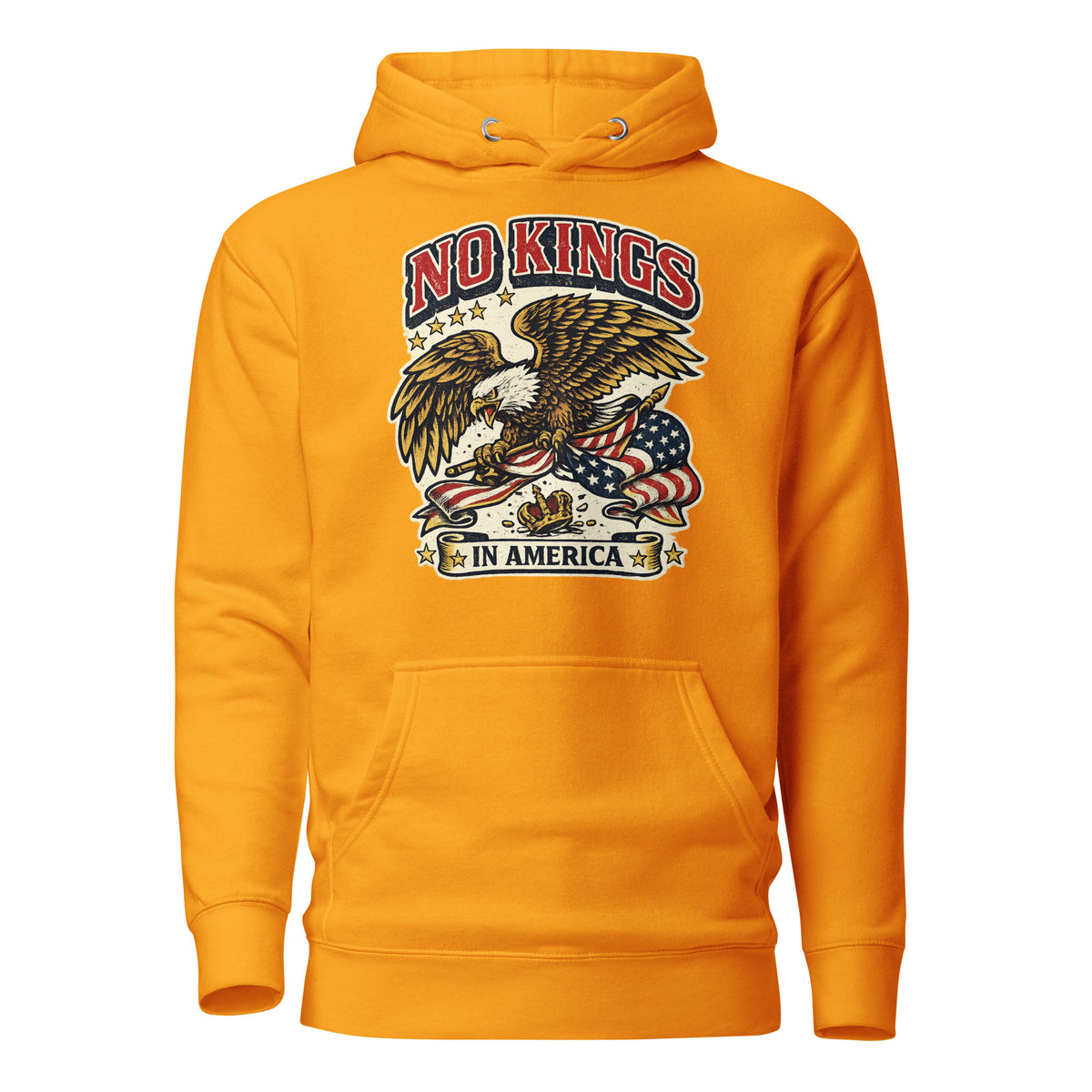 No Kings in America Eagle hoodie in Team Gold, front view