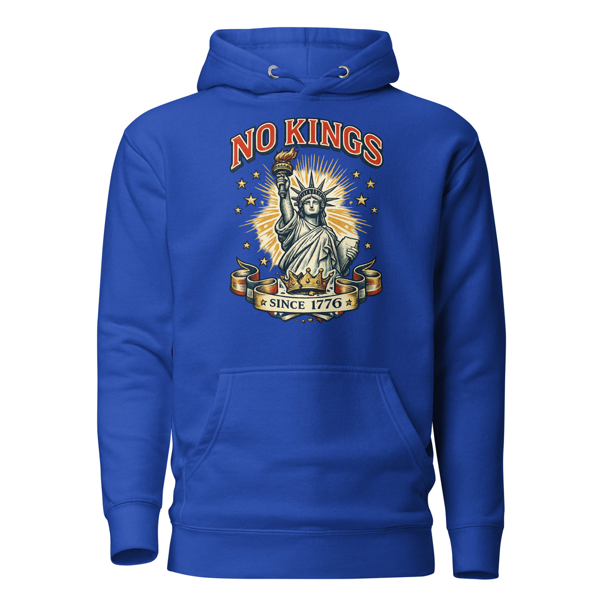 No Kings Since 1776 Lady Liberty hoodie in Team Royal, front view