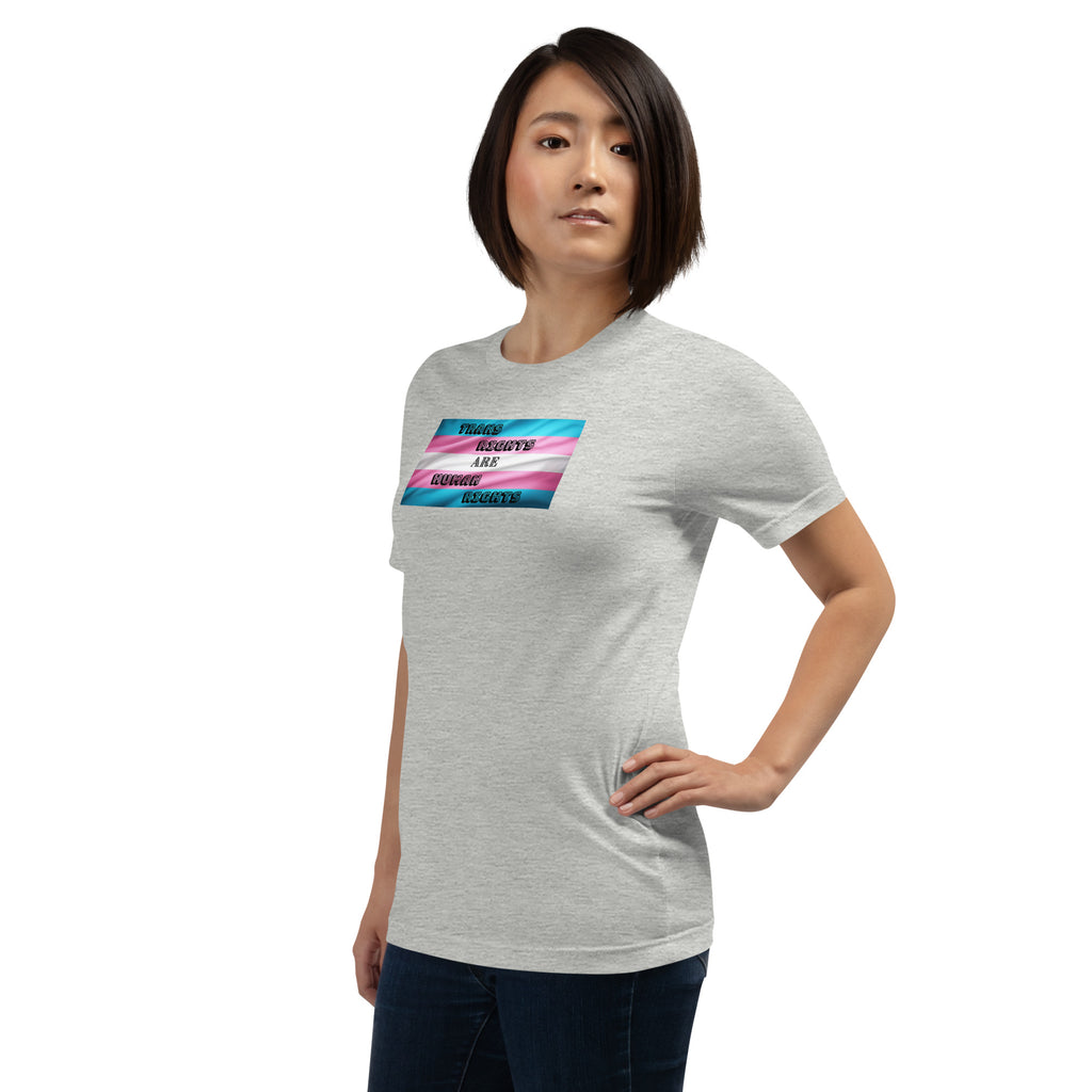 Trans Rights Are Human Rights unisex tee in Athletic Heather, left front view