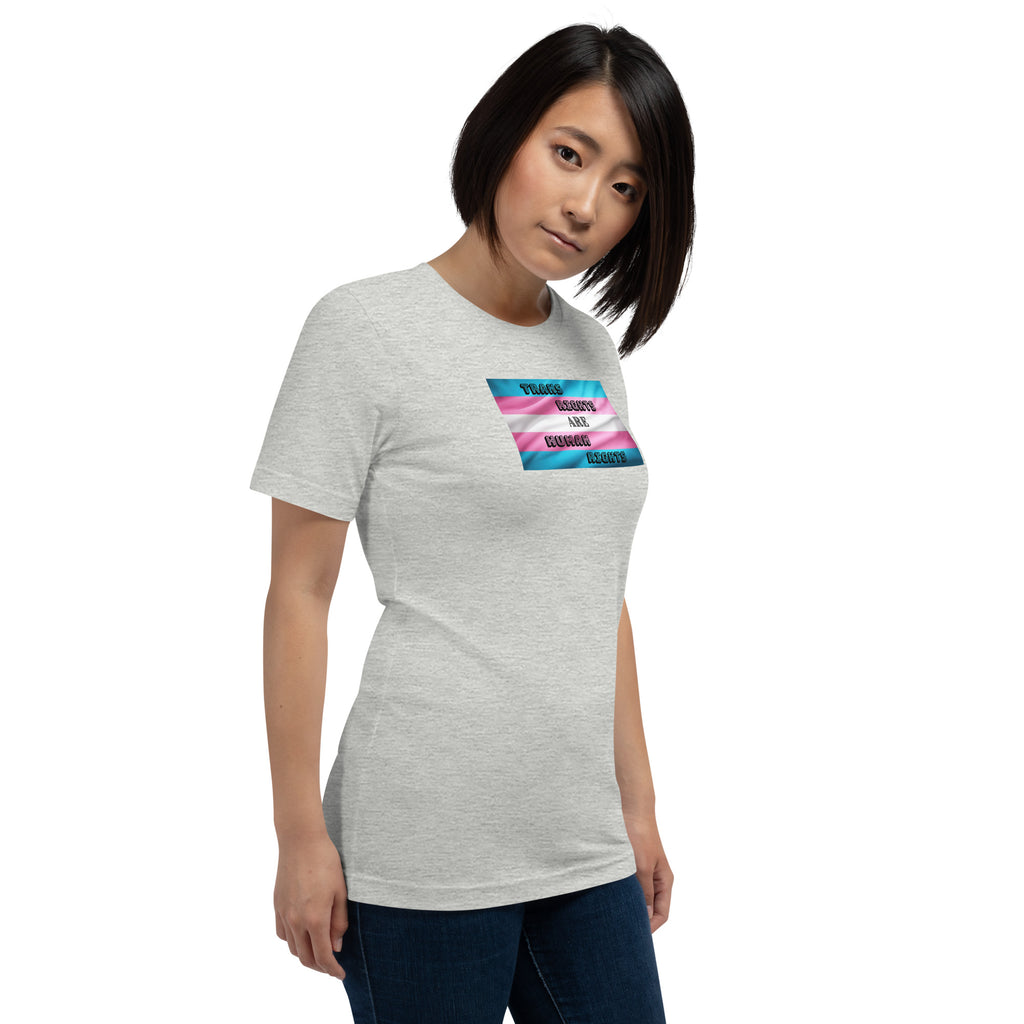 Trans Rights Are Human Rights unisex tee in Athletic Heather, right front view