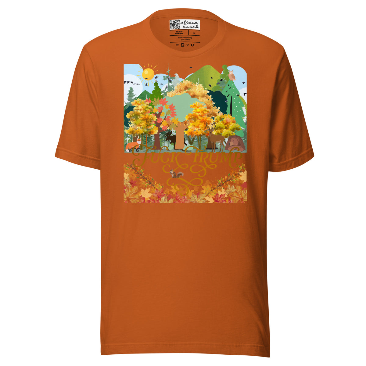 Fuck Trump Forest unisex tee in Autumn, front view