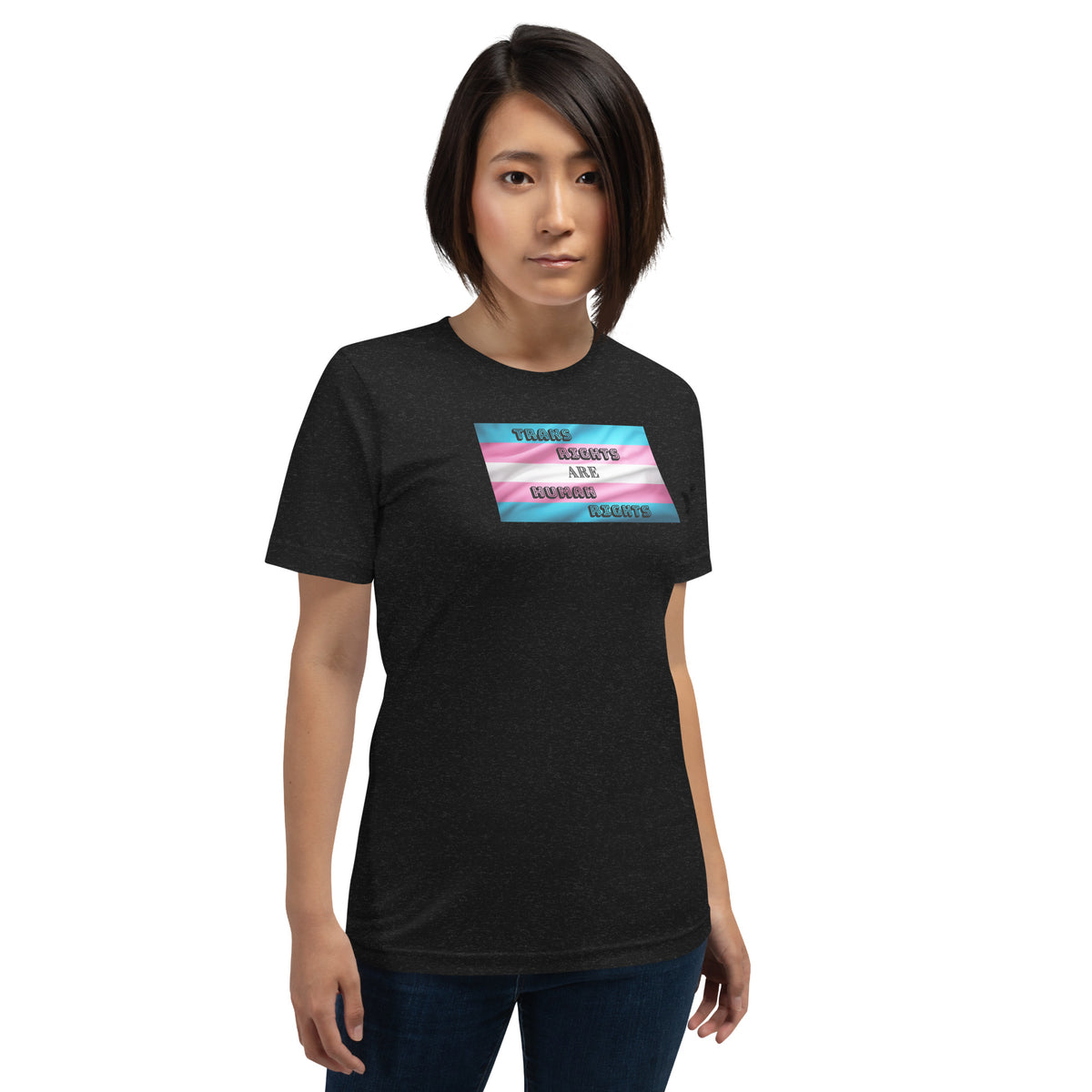 Trans Rights Are Human Rights unisex tee in Black Heather, front view