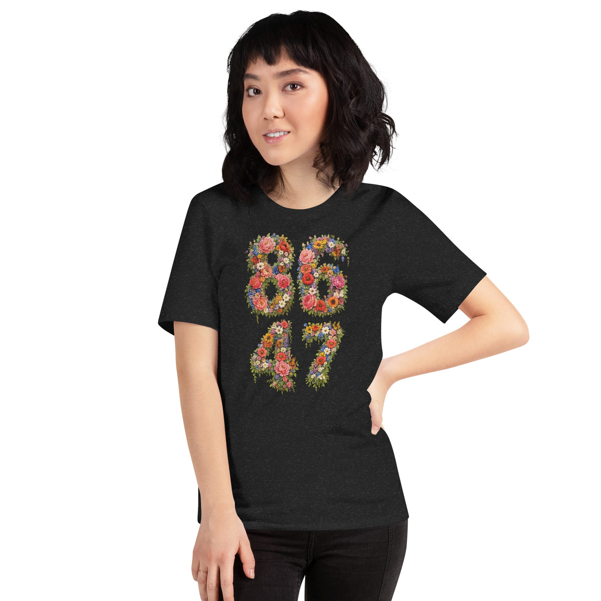 8647 Flowers unisex tee in Black Heather, front view