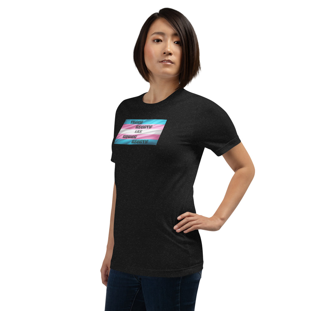 Trans Rights Are Human Rights unisex tee in Black Heather, left front view