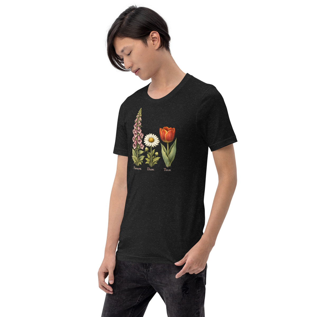 F.D.T. Botanical Study unisex tee in Black Heather, left front view