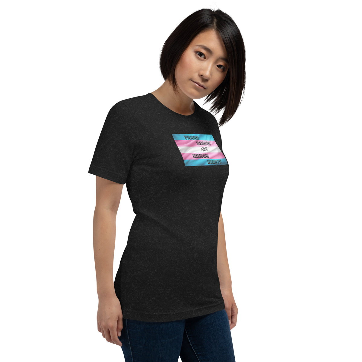 Trans Rights Are Human Rights unisex tee in Black Heather, right front view