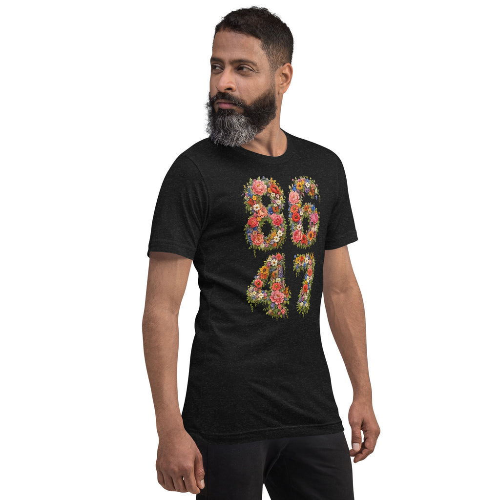 8647 Flowers unisex tee in Black Heather, right front view