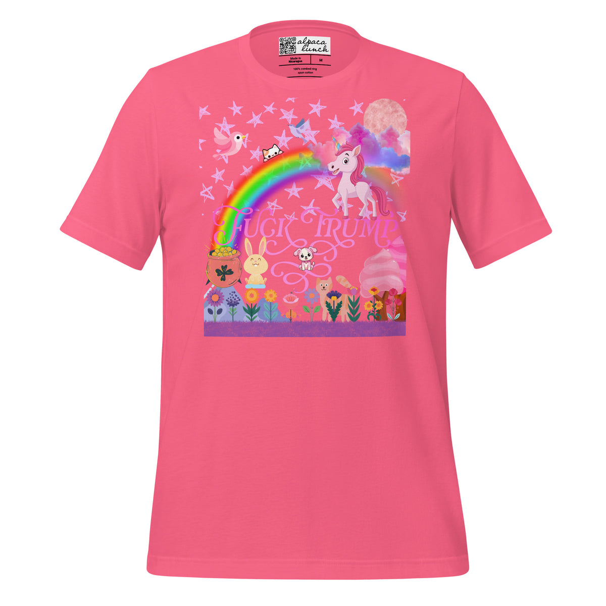 Fuck Trump Rainbow unisex tee in Charity Pink, front view