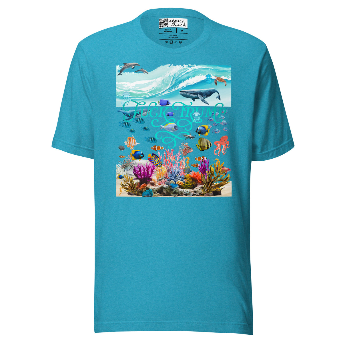 Fuck Trump Ocean unisex tee in Heather Aqua, front view