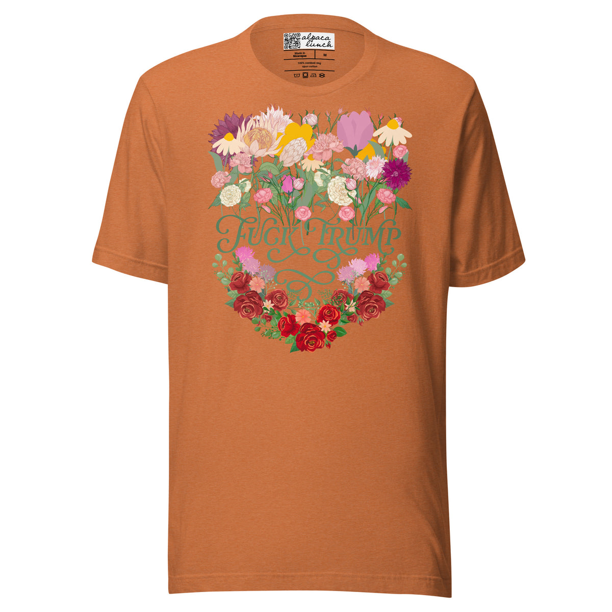 Fuck Trump Flowers unisex tee in Heather Autumn, front view