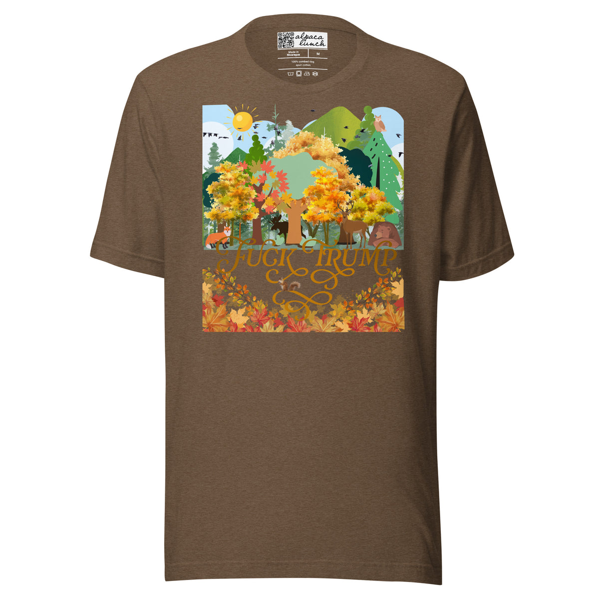 Fuck Trump Forest unisex tee in Heather Brown, front view