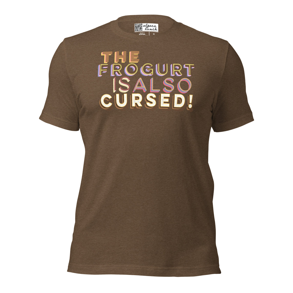 Mmmm, Frogurt! unisex tee in Heather Brown, front view