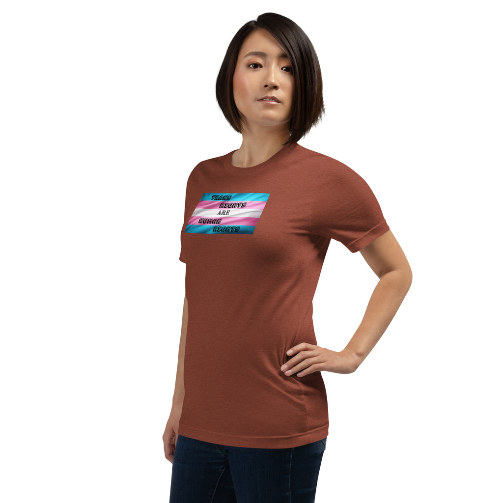 Trans Rights Are Human Rights unisex tee in Heather Clay, left front view