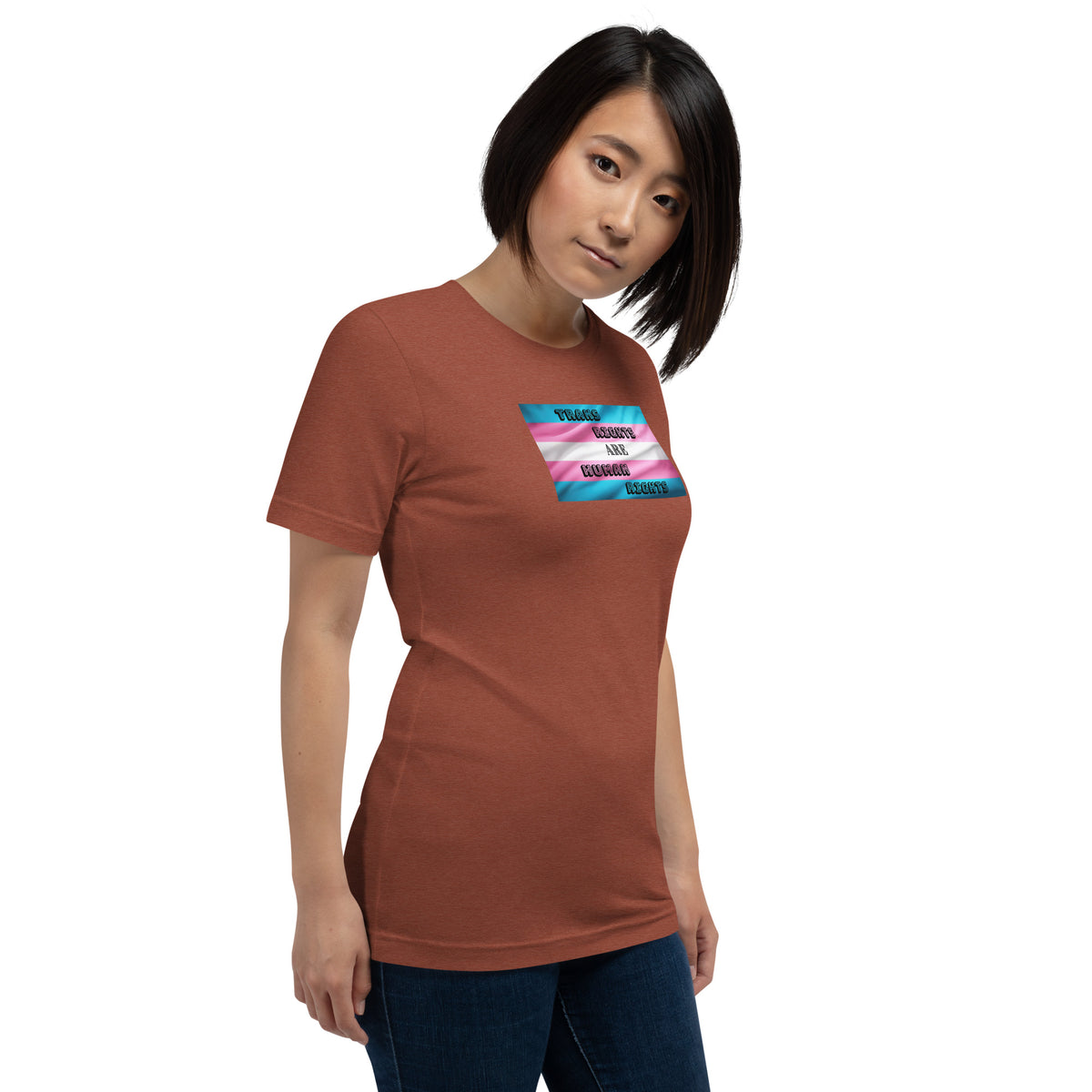 Trans Rights Are Human Rights unisex tee in Heather Clay, right front view