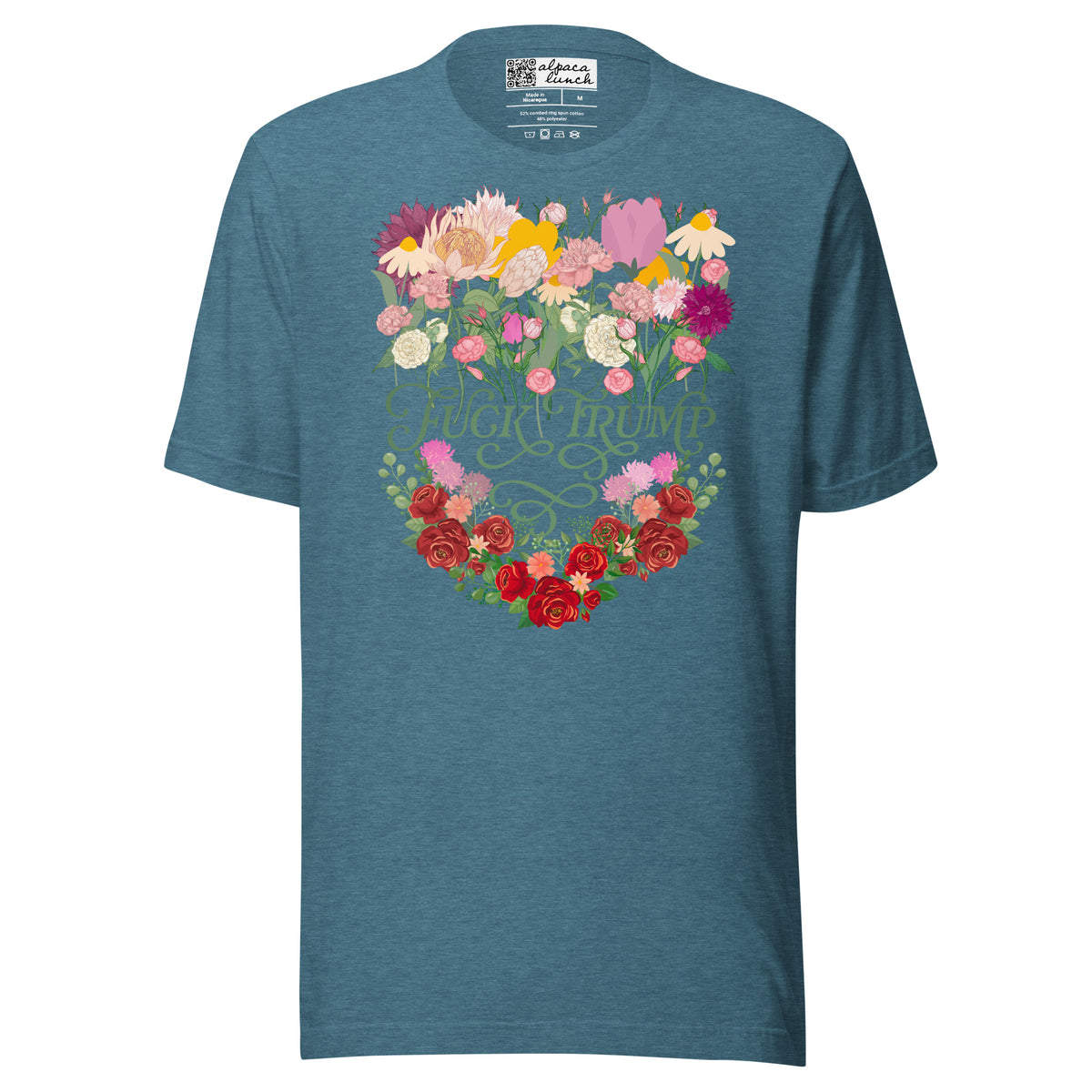 Fuck Trump Flowers unisex tee in Heather Deep Teal, front view