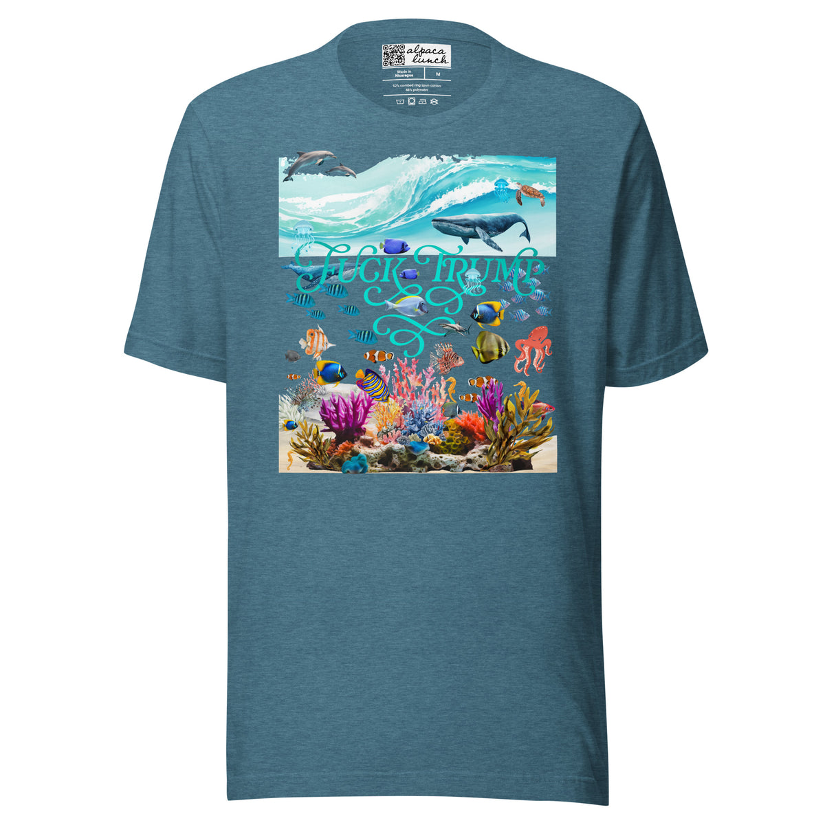 Fuck Trump Ocean unisex tee in Heather Deep Teal, front view