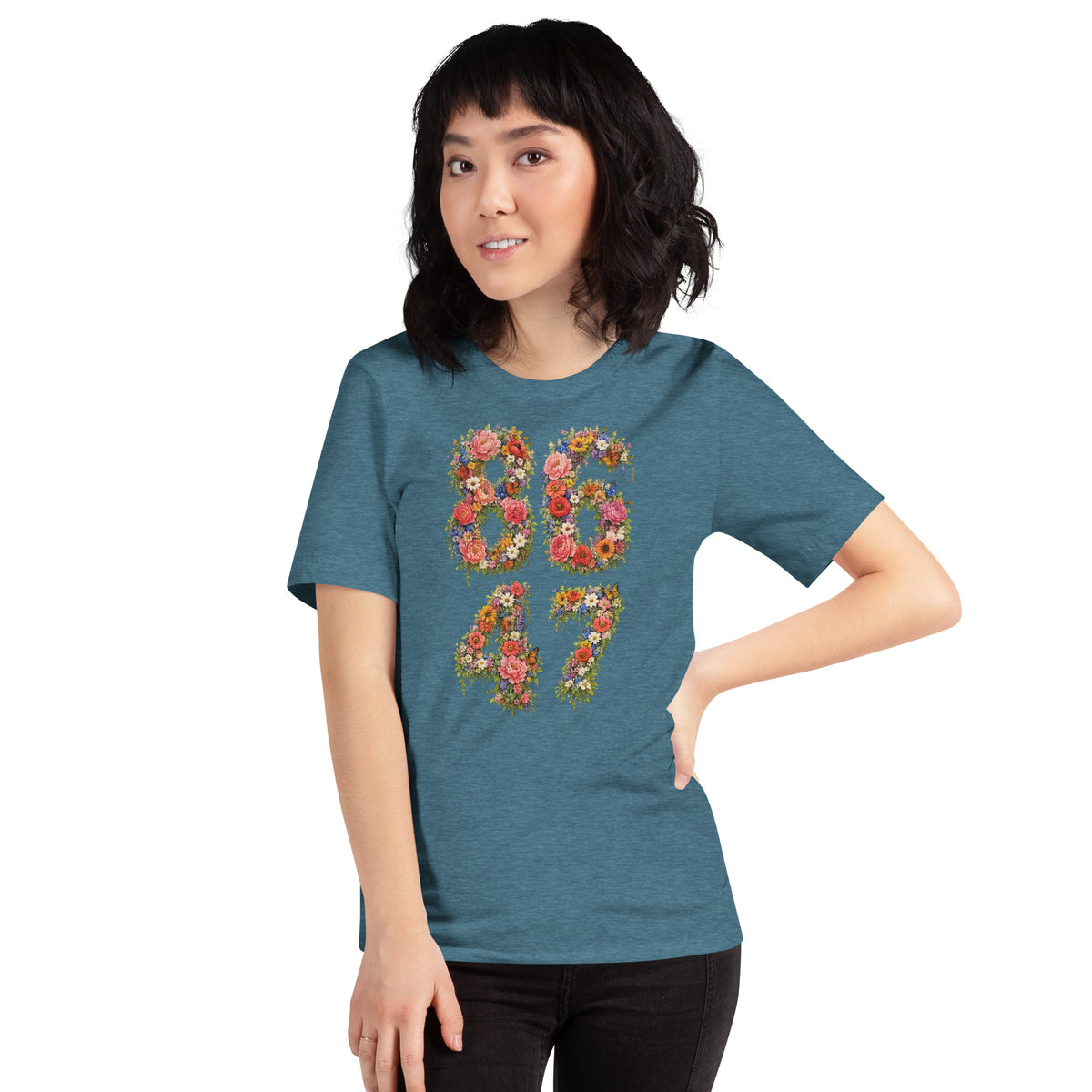 8647 Flowers unisex tee in Heather Deep Teal, front view