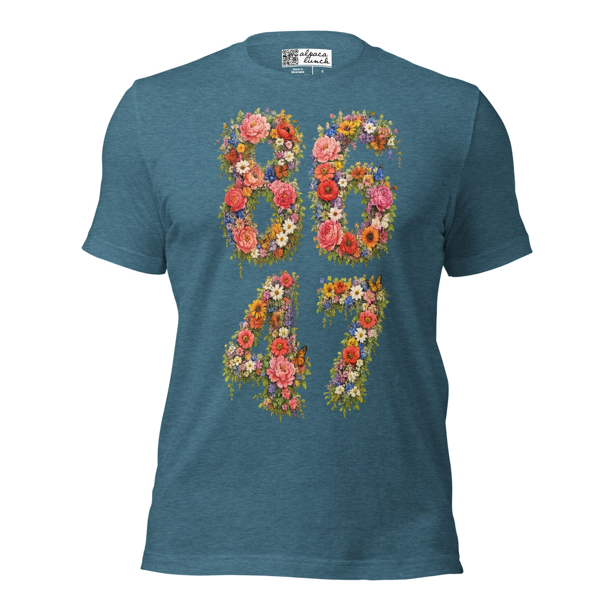 8647 Flowers unisex tee in Heather Deep Teal, front view